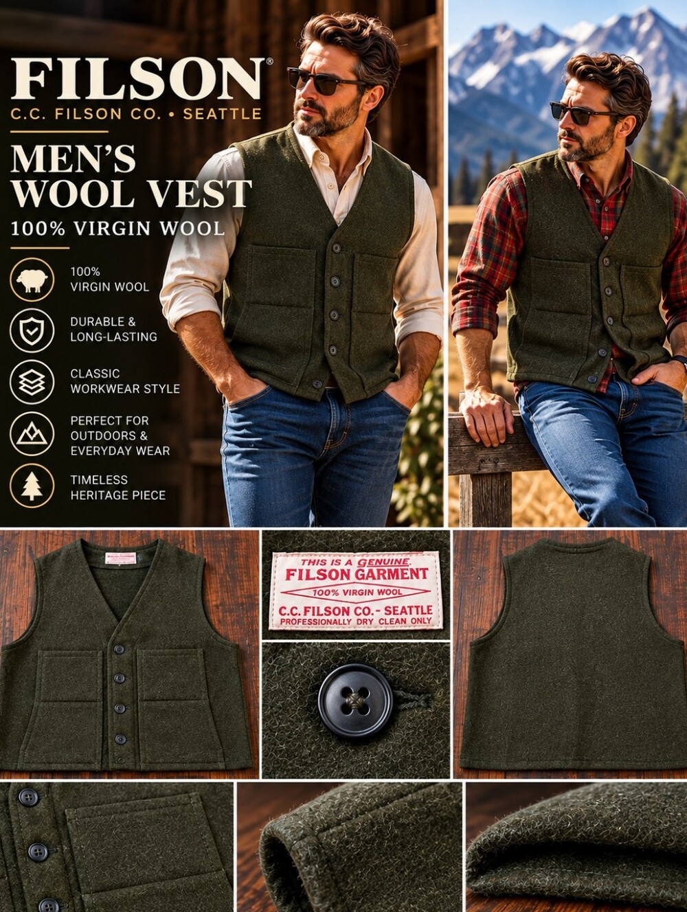 Vintage C.C. Filson 100% Virgin Wool Vest Olive Green Heritage Workwear